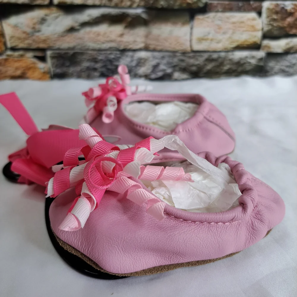 'MUD PIE' LEATHER SLIP-ON SHOES BABY GIFT SET CURLY GROSGRAIN ACC. ROUND TOE